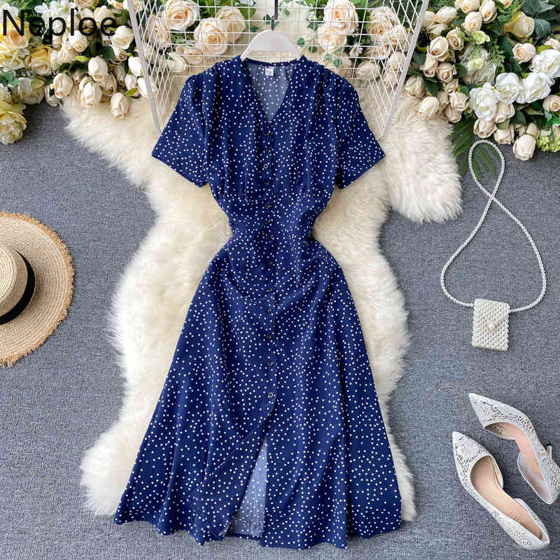 Polka Dot Dress Women French V Neck Short Sleeve Ladies Vestidos Summer Elegant Slim Waist Female Dresses 1D621 210422Z