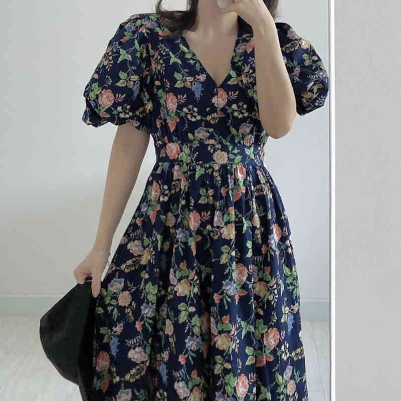 Nomikuma Korean Floral Dresses for Women Elegant Bandage Slim Waist Dress Puff Short Sleeve V-neck A-line Vestidos Femme 6H450 210427