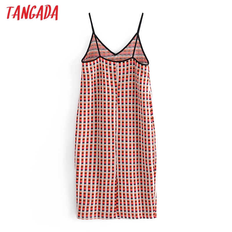 Summer Women French Style Plaid Knit Strap Ladies Midi Dress Vestidos 3H178 210416