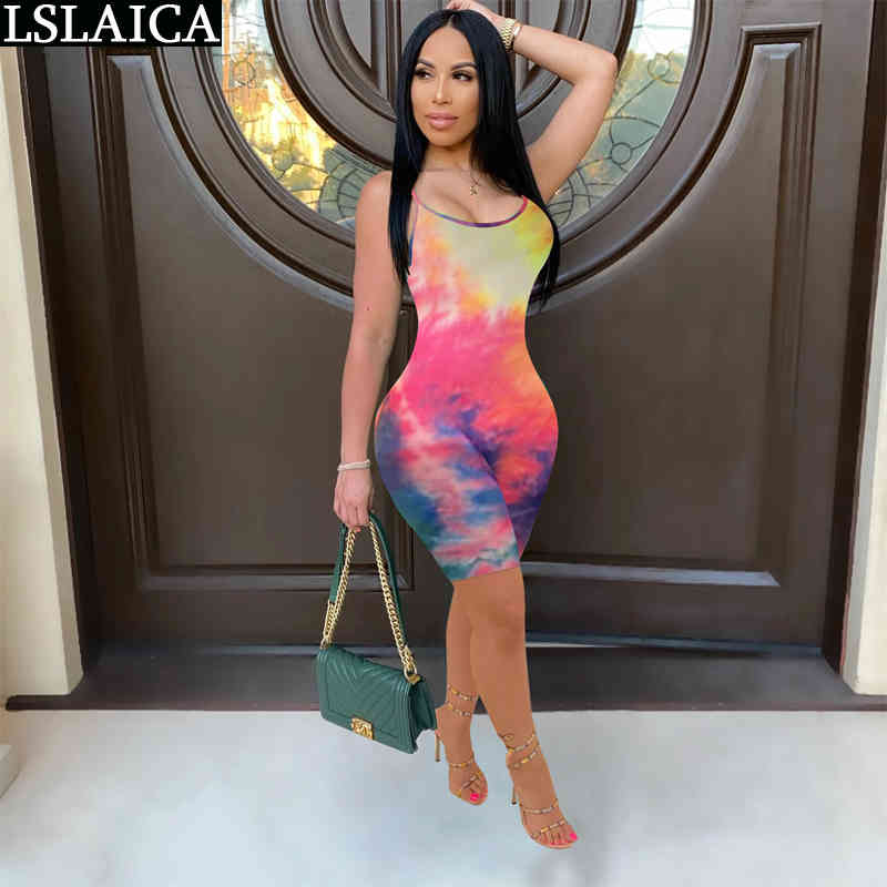 Tie-Dye Jumpsuit Women Sleeveless High Waist Slim Summer Elegant Casual Rompers Womens Club Sexy Combinaison Femme 210520