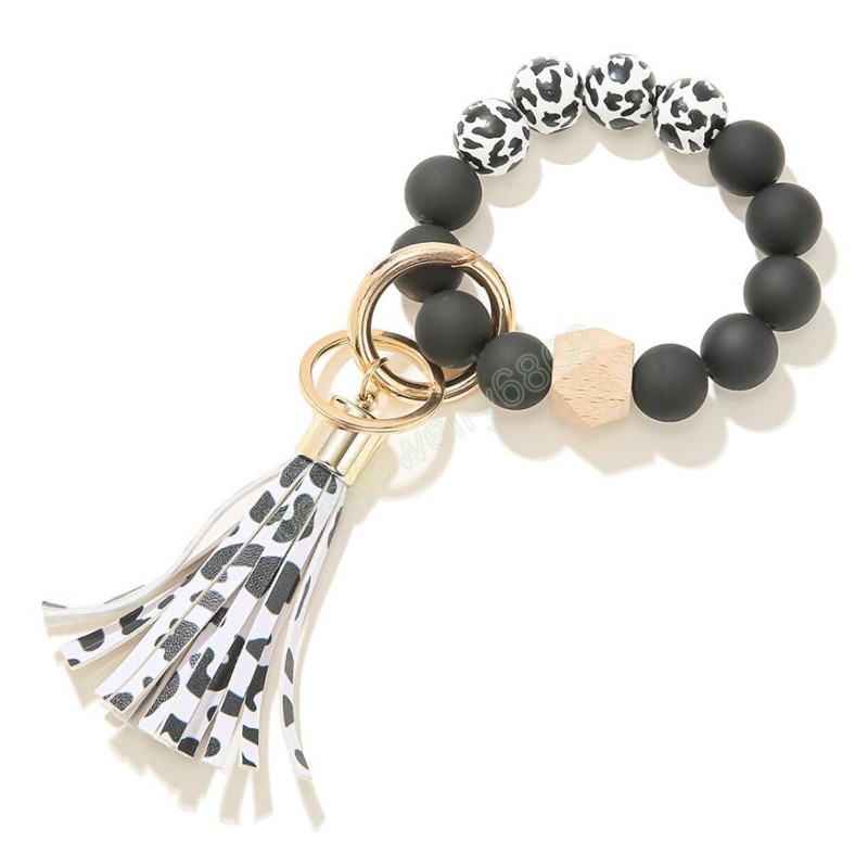 Leopard Frosted Wooden Bead Bracelet Strands Keychain Fashion Pattern Tassel Pendant Bracelets Women Girl Key ring Wrist Strap 7 Colors