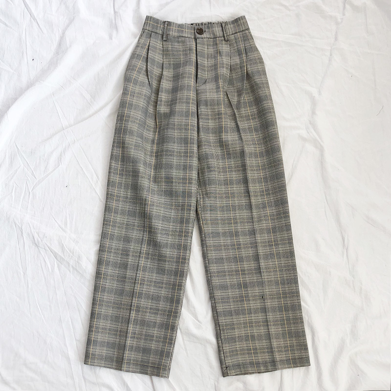 Casual Wide Leg Plaid Pants Women Elastic High Waist Full Length Checkered Loose Straight Trousers Modis 210519