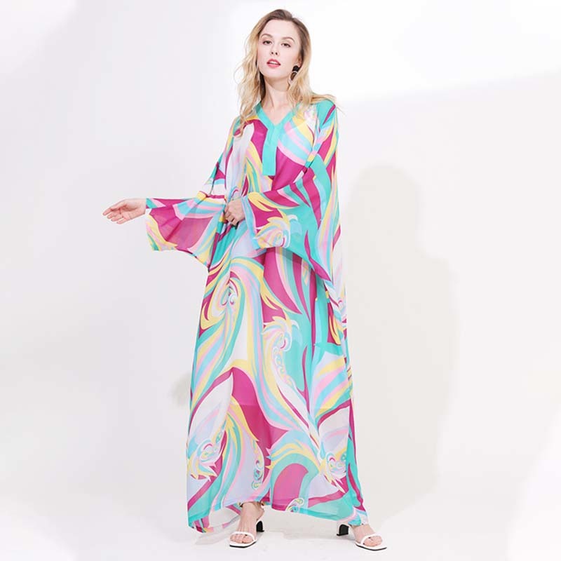 VKBN Spring and Summer Dresses Woman Party Night Seaside Resort Beach Print Flare Sleeve V-Neck Fashion Elegant Dress 4233 210507