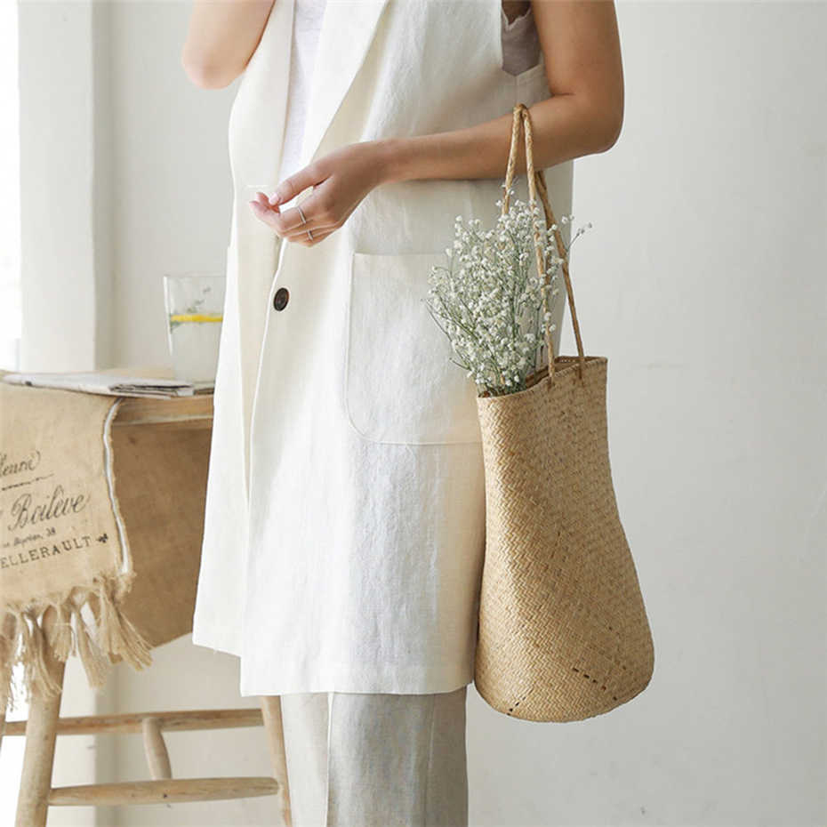 M-2XL Single-breasted Loose Simple Vest Jacket White Autumn Spring Sleeveless Suit Waistcoat Linen Long Coat Female QEN009 210819