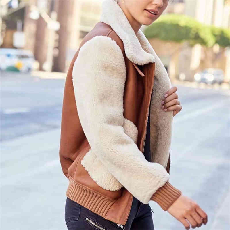 fashion women grain cashmere patchwork jacket streetwear lady turn down collar outerwear causal female pocket 210430