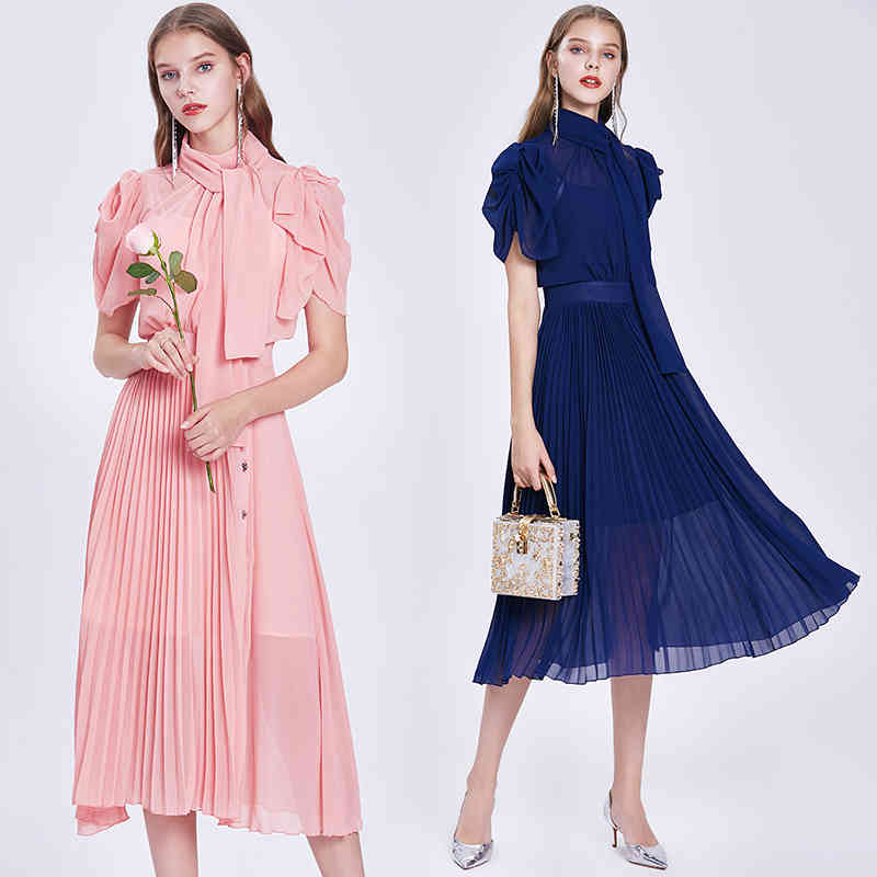 Vintage Elegant Bowknot Collar Pink Summer Chiffon Pleated Midi Long Dress Retro Office Lady Work with Button 210506