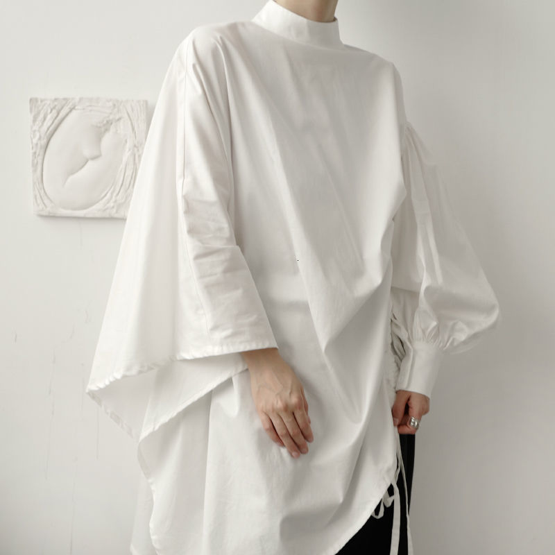 IEFB /men's wear asymmetric batwing long sleeve white long shirt male Spring irregular loose shirts drawstring 9Y3376 210524
