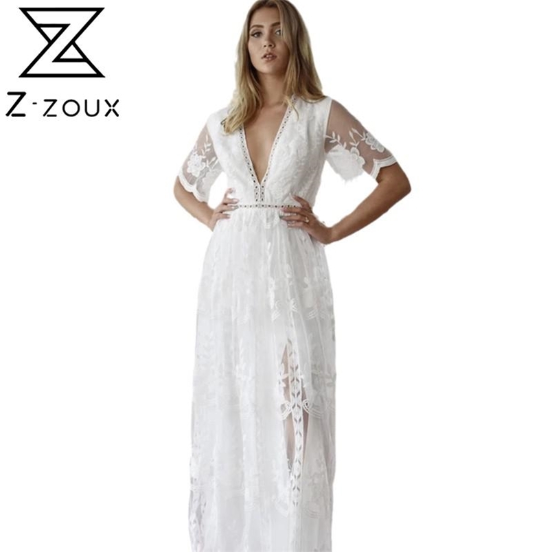 Women Dress Deep V Neck Short Sleeve Bohemian es Temperament Lace High Waist Large Hem Loose Casual es 210513