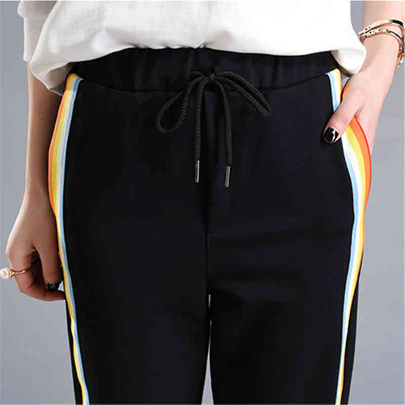 Spring Summer Women Casual Sweatpants Rainbow Striped Printed Side Pant Ladies Loose Trousers Joggers Sweat Pants Plus Size 210426