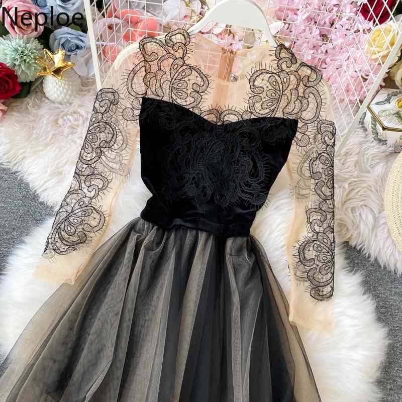 Neploe Mesh Velvet Vinatge Women Dress Spring Patchwork Elegant Female Party Dresses Embroidery Lace Ladies Vestidos 95187 210422