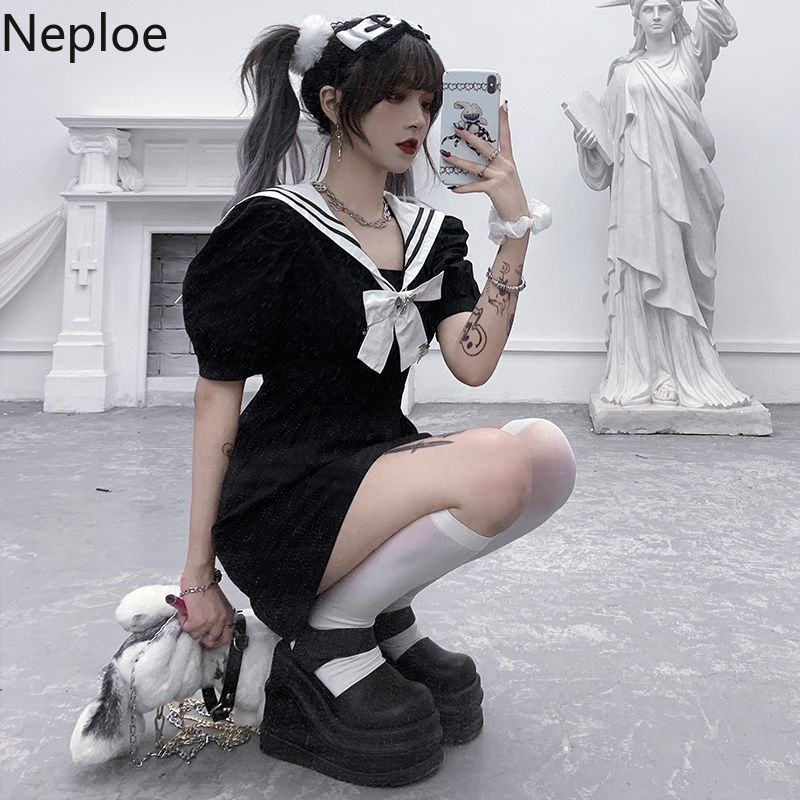 Neploe Dress for Women Summer New Robe Preppy Style Sailor Collar Slim Waist Vestidos Puff Sleeve Black Dresses Female 210422