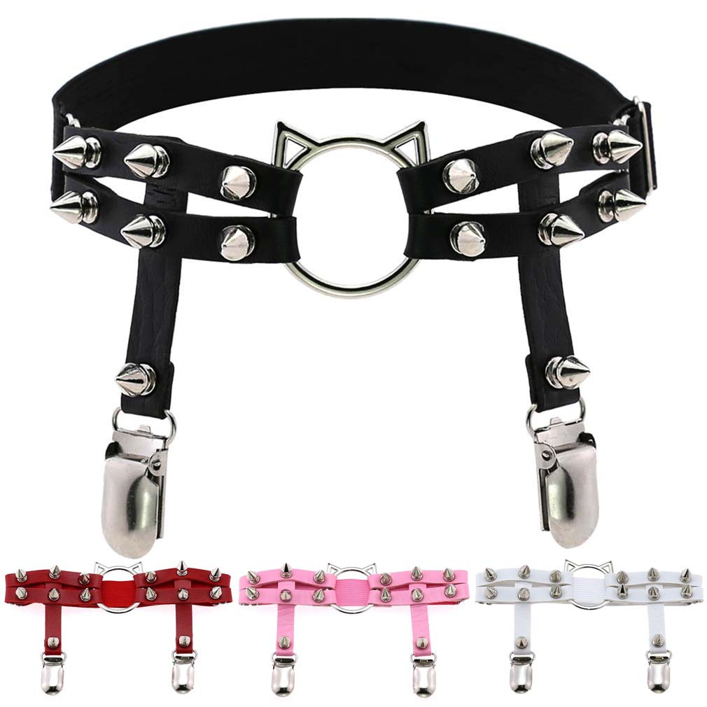 European and American Harajuku Punk Gothic Personality Cat Cat Head Leather Handmade Rivet Hip-hop Leg Ring Foot Ring Double Garter Belt от DHgate WW