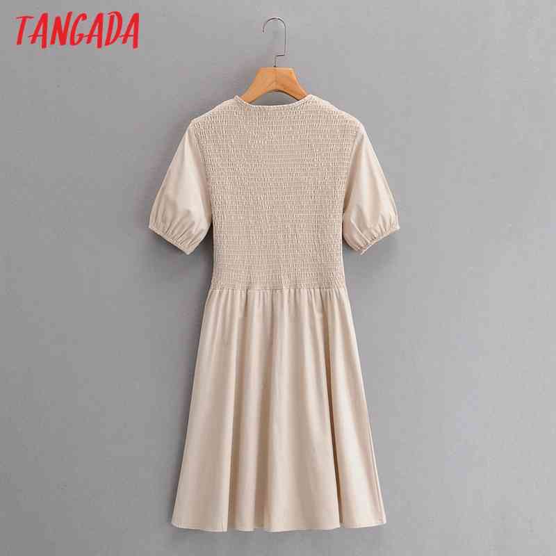 Summer Women Solid O Neck Puff Short Sleeve Ladies Midi Dress Vestidos 1F181 210416