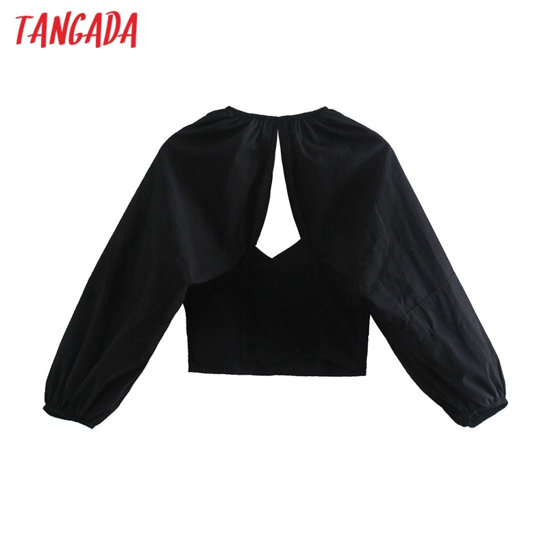 Women Retro Black Backless Crop Puff Short Sleeve Summer Chic Female Slim Shirt Tops 4N16 210416