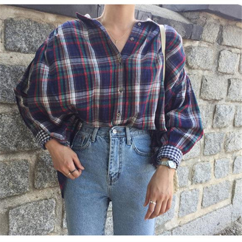 oversize Blue plaid Shirt Spring femme Casual Tops Women Long sleeve Cotton Girls Blouse Plus Size summer Blouses 210423
