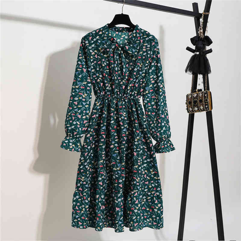 Robe Spring Long Sleeve Vintage Floral Chiffon Dress Elegant Bow High Waist Pleated Maxi Summer 8824 50 210427