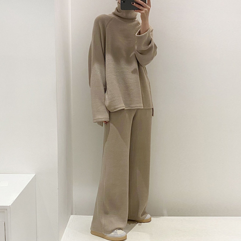 Nomikuma Korean Causal Knitted Two Pieces Sets Turtleneck Long Sleeve Sweater + Stretch Waist Wide Leg Long Pants Suits 6D457 210427