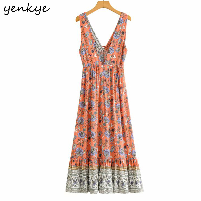 Holiday Summer Tank Dress Women Sexy V Neck Sleeveless Floral Print Vestido Mujer A-line Casual Long Maxi 210430