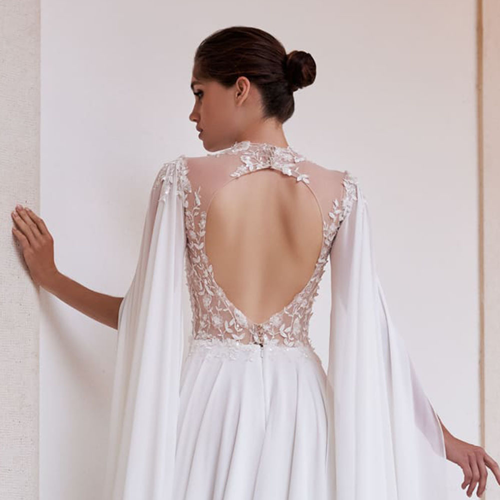 Gorgeous A Line Bridal Gowns High Neck Long Sleeve Ruched Chiffon Wedding Dresses Custom Made Sweep Train Vestidos De Novias