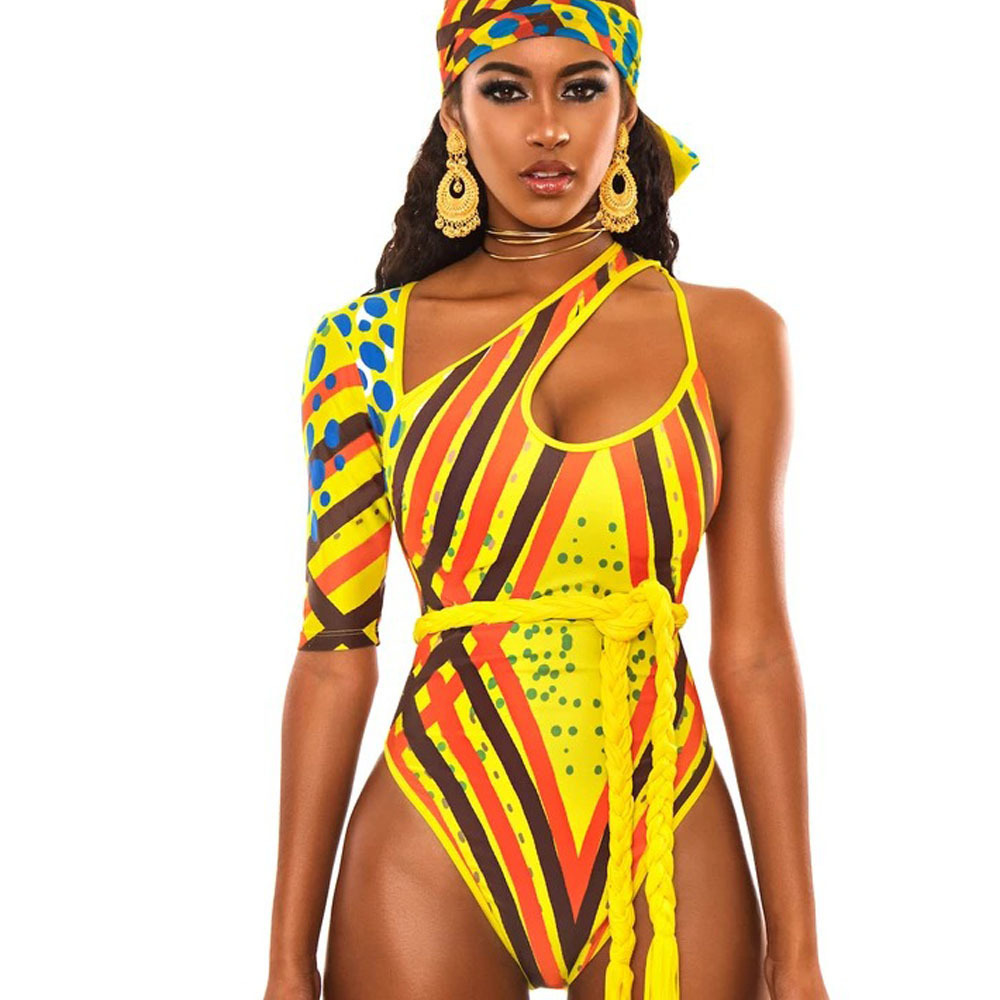 African Printed Swimsuit Women Swimwear Cut Out Monokini Shoulder Beach Bathing Suits Totem Swimming Suit 210520