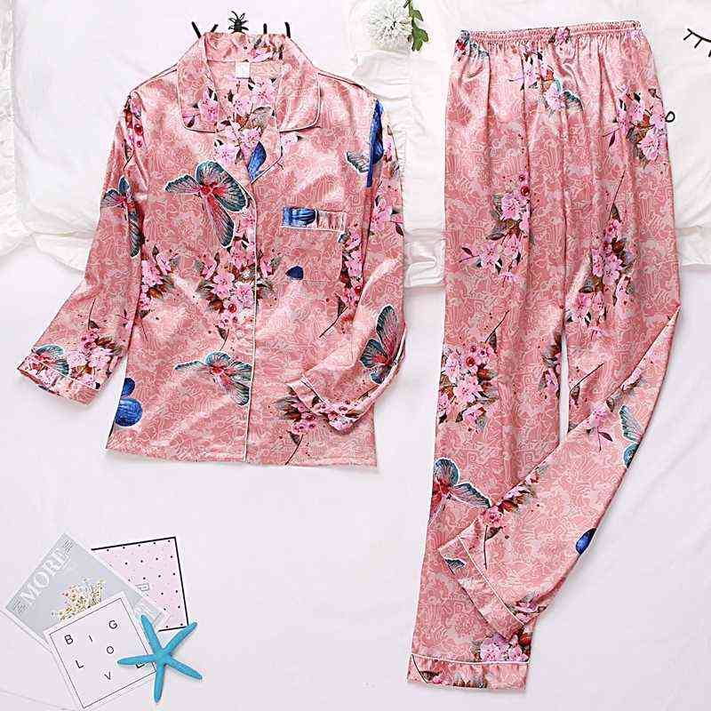 Autumn Winter Print Pattern Women Pajama Set Satin Silk Turn-down Collar Pajamas Sleepwear Long Sleeve Trousers Two Paper Suit 211112