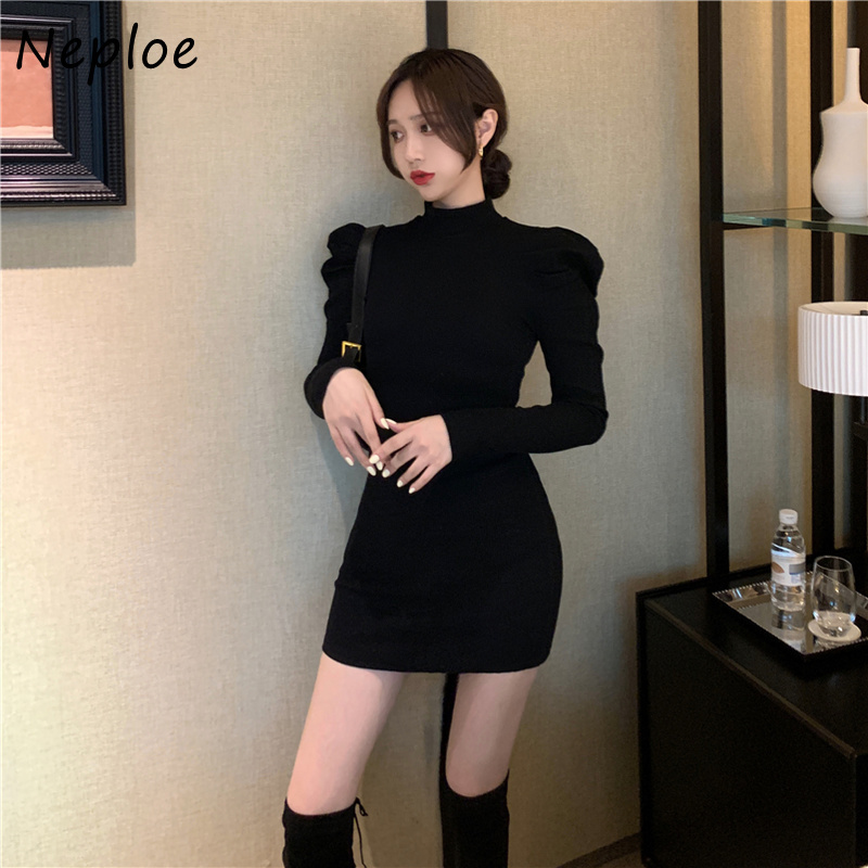 High Neck Pullover Long Sleeve Knit Sweater Dress Women Waist Hip Bodycon Vestidos Winter Robe Sueter 210422Z