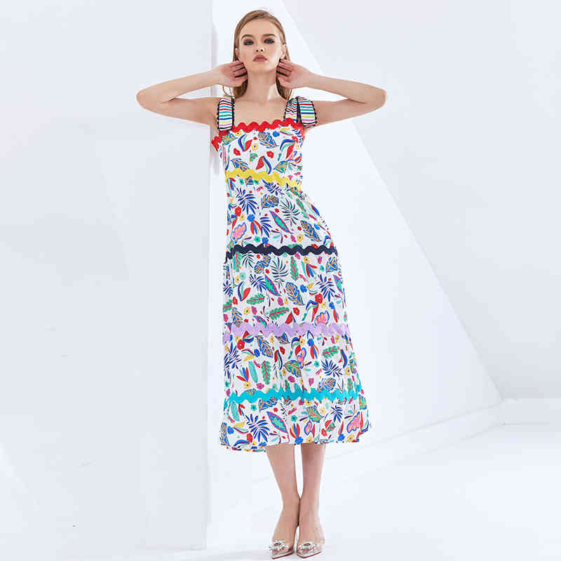VGH Print Hit Color Dresses For Female Square Collar Sleeveless High Waist Slimming Ruched Women's Elegant Dress Fashion New 210421