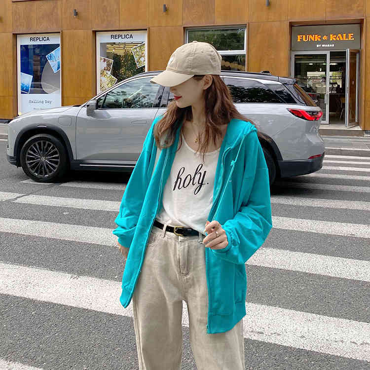 3 colors ML plus size Autumn Zipper Hoodies Sweatshirt jacket korean style Outwear soild color spring Coat Women (F4094) 210423