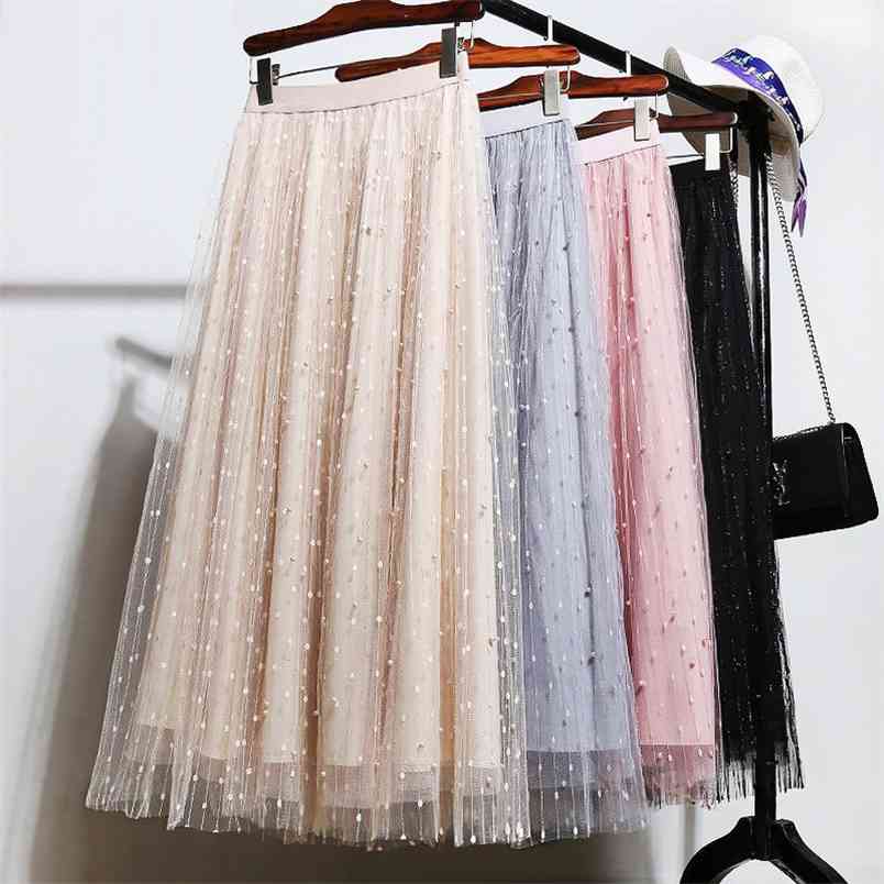 At All Seasons Can Wear Skirt Korea Fashion Women Sweet A-line Long Three-tier Fabric Gauze High Waist Maxi D180 210512