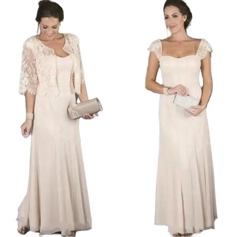 Graceful Mother Of The Bride Dresses With Lace Jacket Suits Cap Sleeves Chiffon Long Wedding Guest Two pieces Groom Mom Prom Party Dress Plus Size