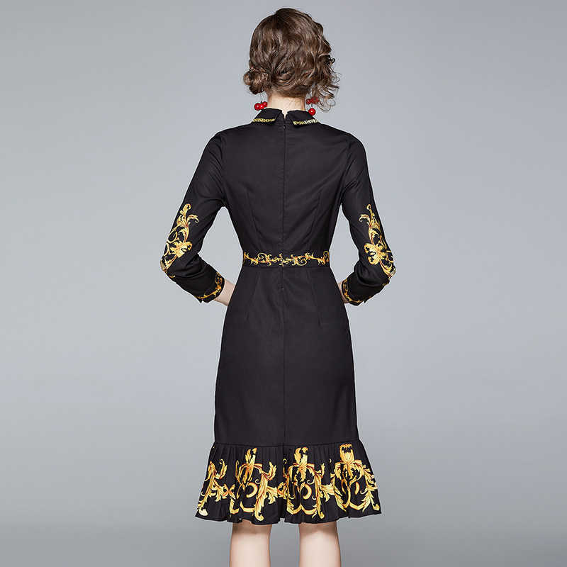 Autumn Women Printed Shirt Dress Black Sexy Female Elegant Slim Turn-Down Collar Long Sleeve Party Fishtail Dresses Vestidos 210525