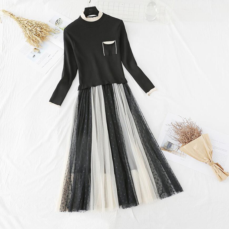 Women Knitted Dress Autumn Winter O-Neck Long Sleeve Knitt Patchwork Mesh Dresses Female Elegant Pleated Long Dress Vestidos 210521