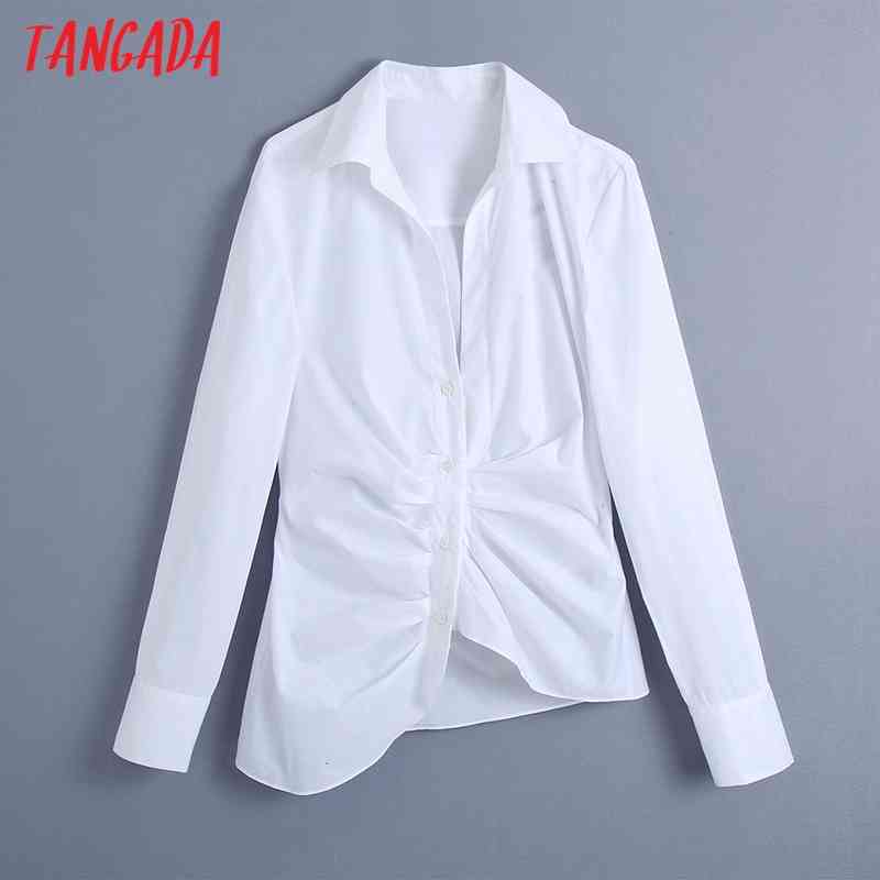 Women Fashion Pleated Asymmetry White Blouses Vintage Long Sleeve Button-up Female Shirts Blusas Chic Tops BE474 210416