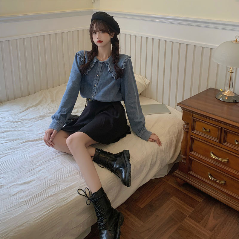 Arrival Spring Autumn Preppy Style Women Long Sleeve Loose Denim Shirts Peter Pan Collar Ruffles Cute Blouse Plus Size V90 210512