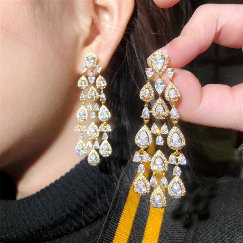 Choucong Brand Handmade Dangle Earrings Luxury Jewelry 18K Gold Fill Water Drop White Topaz CZ Diamond Banquet Party Women Wedding Long Tassels Earrin