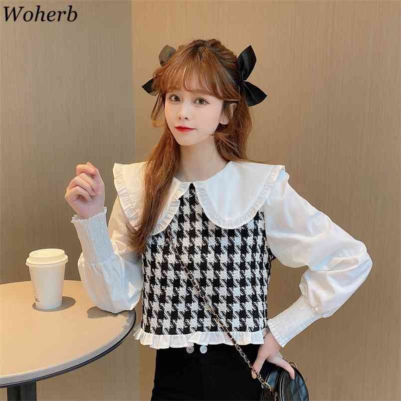 Sweet Plaid Blouse Women Peter Pan Collar Shirt Causal Long Sleeve Blouses Korean Spring Blusas Top 210519