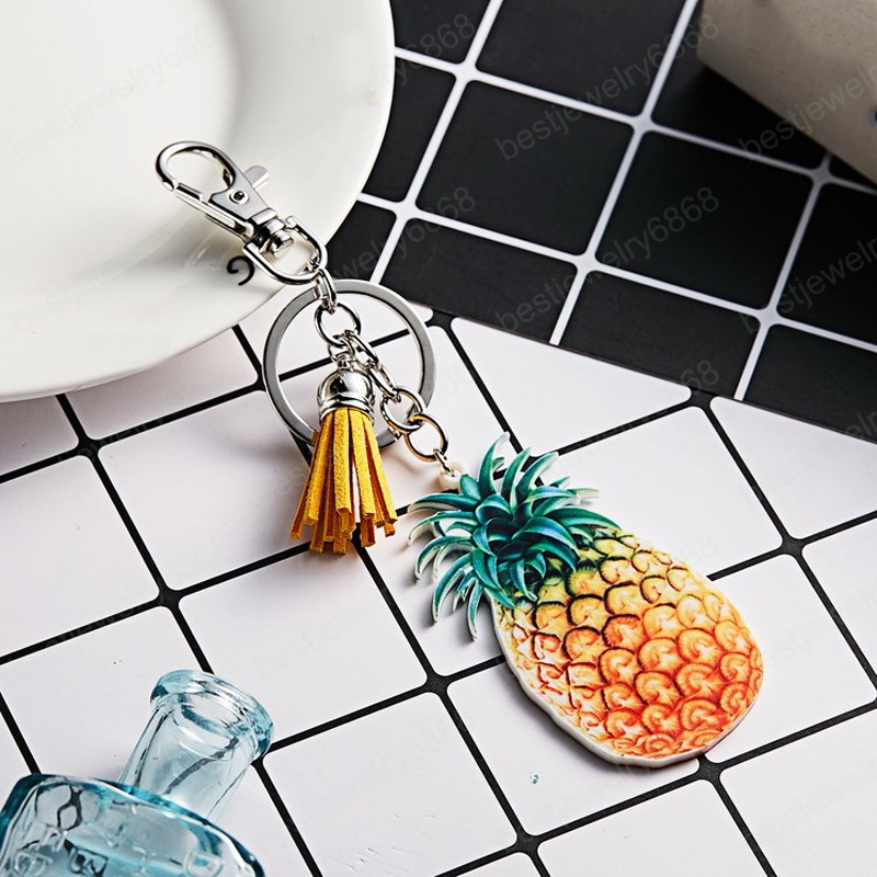 Fashion Fruit Acrylic Keychain For Woman Watermelon Orange Tomato Pineapple Pendant Tassels Key Chains Couple Bag Ornament Gift