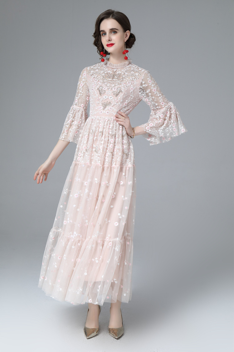 Women's Runway Dress O Neck Flare Sleeves Embroidery Elegant Fashion Party Prom Gown