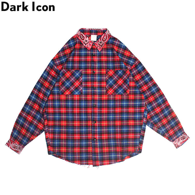 Dark Icon Bandana Plaid Street Shirt Men Long Sleeve Checkered Hip Hop Men's Shirts Streetwear Clothes 210410
