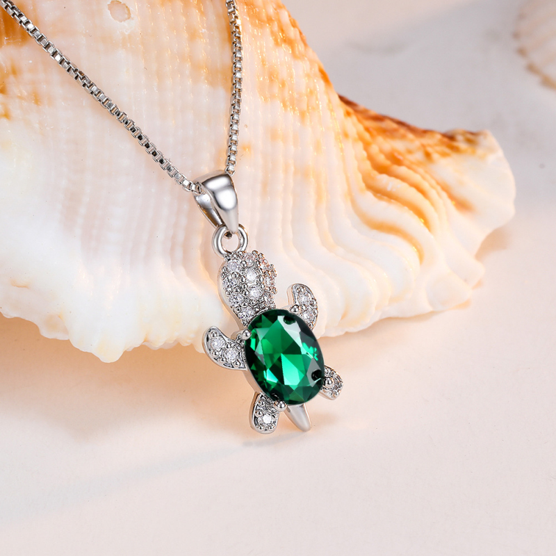 Colorful Gemstone Cute Turtle Pendant Necklace White Gold Plated Jewelry for Women Gift