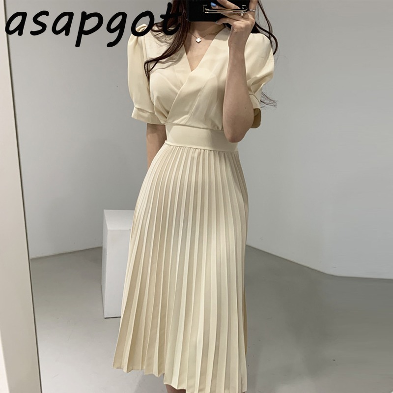 Korean Chic Summer Solid Oversize V Neck Bandage Waist Short Sleeve Pleated Dress Women Vestidos De Mujer Elegant Temperament 210429