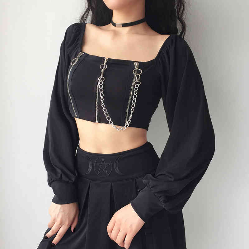 Goth T-Shirt Zip Up Crop Top Women Off Shoulder Tees Chains Long Sleeve Y2k T-shirts Gothic Dark Black Vintage Clothes 210518, White
Goth T-Shirt Zip Up Crop Top Women Off Shoulder Tees Chains Long Sleeve Y2k T-shirts Gothic Dark Black Vintage Clothes 210518, White
