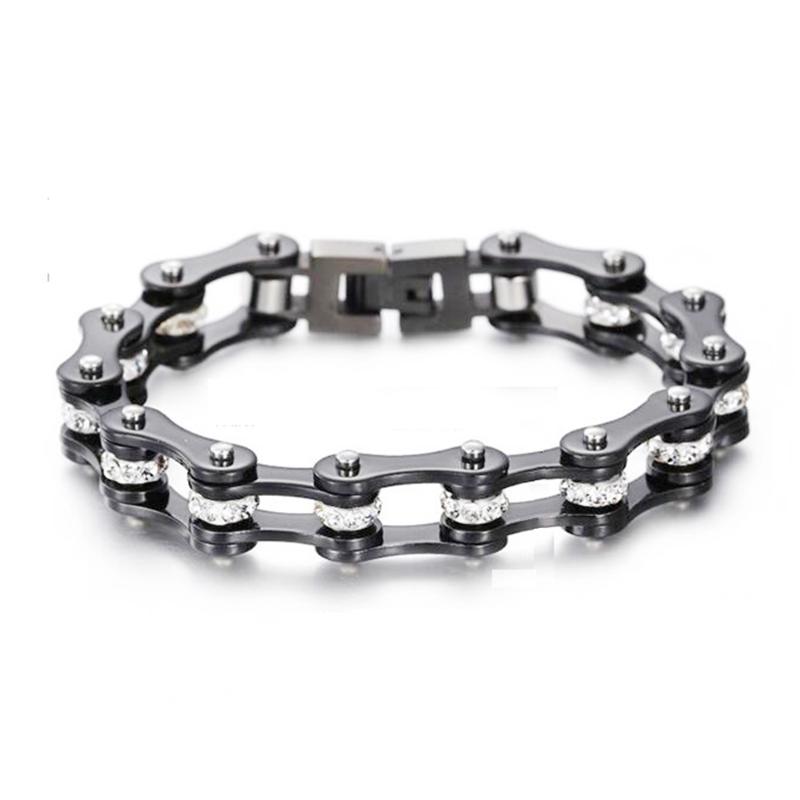 Link, Chain 10mm Classic Women Men Couple Black Bike Biker Bracelets Rhinestone Crystal 316L Stainless Steel Motorcycle Bicycle Jewelry