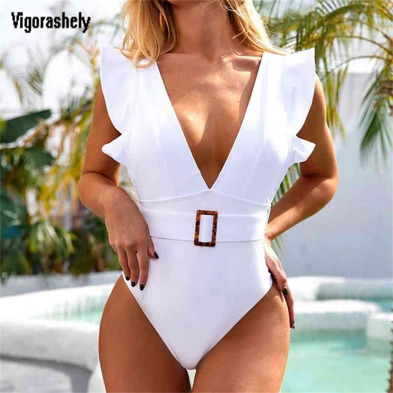 Vigorashely Sexy High Waist Swimwear Women Vintage Swimsuit Female Belt Monokini Deep V Bathing Suit Swim Wear 210702