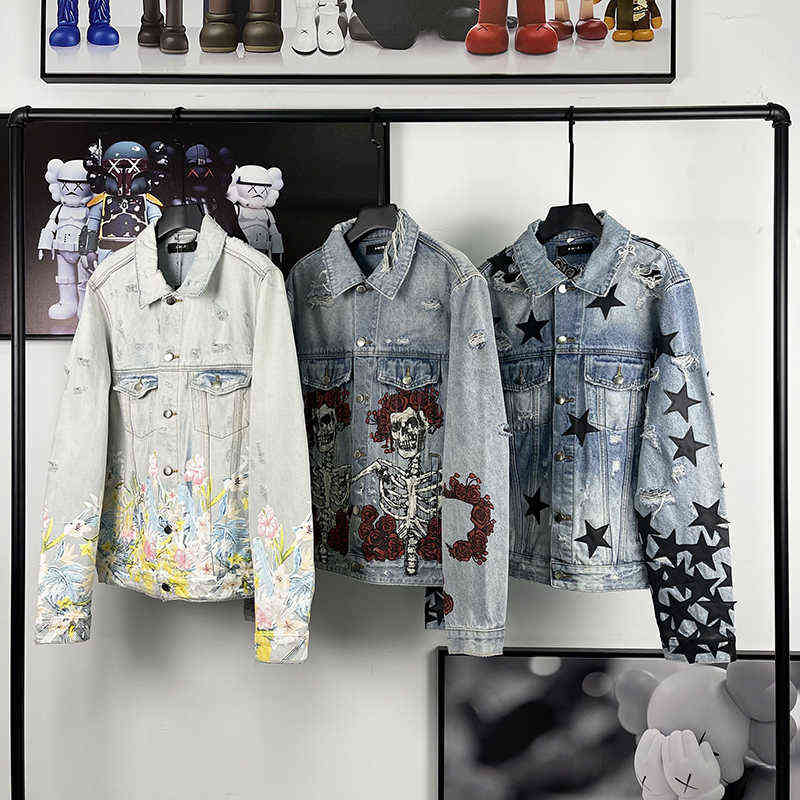 Top Quality Amiry Am Iri High Street Spray Graffiti Water Jacket Wash Old Hole Flower Skull Flame Printed Five Pointed Star Cowboy, Black;brown 
Top Quality Amiry Am Iri High Street Spray Graffiti Water Jacket Wash Old Hole Flower Skull Flame Printed Five Pointed Star Cowboy, Black;brown