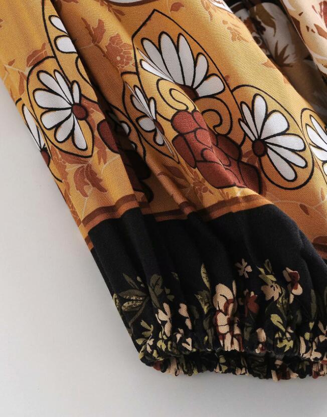 Bohemia Location Flower Print Shirt Ethnic Women Tassel Bow Lace Up V neck Long Sleeve Pullover Blouse Tops 210429