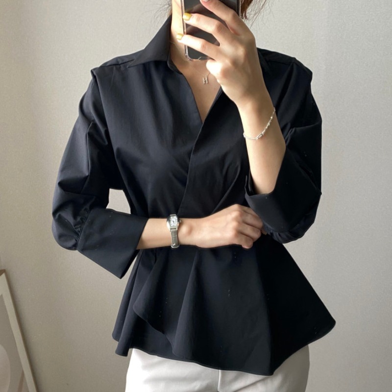 Nomikuma Chic Korean Pleated Slim Waist Women Blouse Long Sleeve Turn-down Collar Elegant Shirt Autumn New Blusa Top 6C504 210427