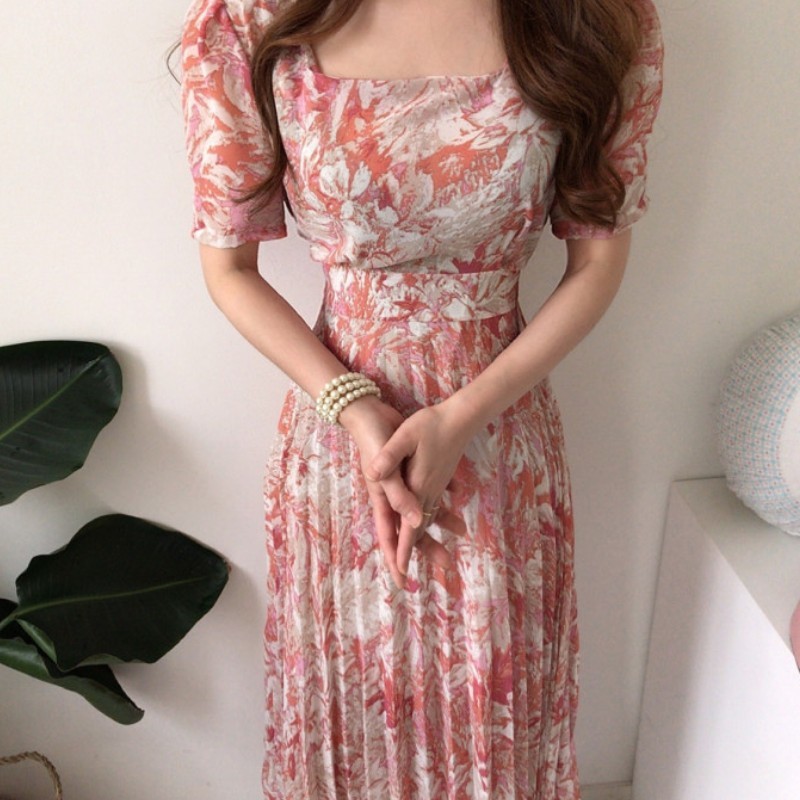 Summer Fashion Printed Korean Chiffon Long Dress Women Short Sleeve Square Collar Belted Pleated Elegant Dresses Femme 210519