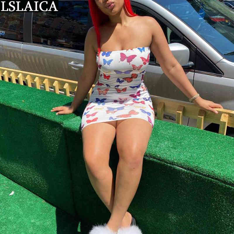 Summer Dress For Women Strapless Sexy Fashion Butterfly High Waist Hollow Out Mini Party Clubwear Bodycon 210515