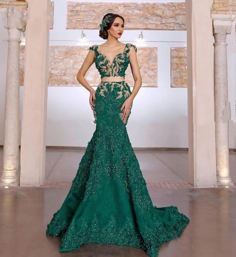 Arabic Two Pieces wedding dress with Detachable Train Lace Applique Green Mermaid bridal gowns Robe De Soirée De Mariage